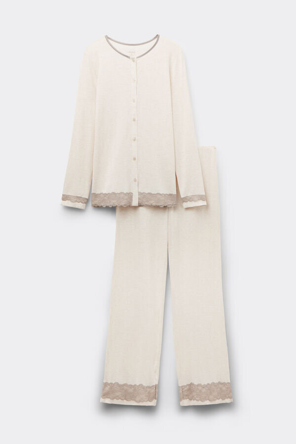 Lange Pyjamas mit Spitzenbesatz und Knöpfen aus Modal Lange Pyjamas mit Spitzenbesatz und Knöpfen aus Modal