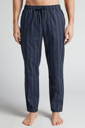 Weiße gestreifte lange Hose aus blauem Baumwollstoff